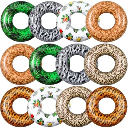 12 Pcs Large Inflatable Pool Float Tubes for Adults 32 Inches Tropical Leaves and Animal Patterns Swimming Rings Tube Floaties