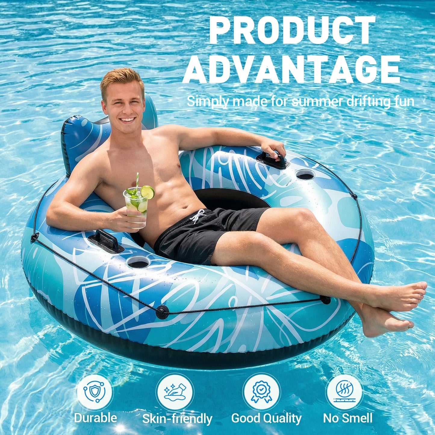 Inflatable River Tubes, Heavy Duty River Raft with Cooler & 2 Cup Holders, Deluxe Pool Float for Lake, Beach, Summer Relaxation