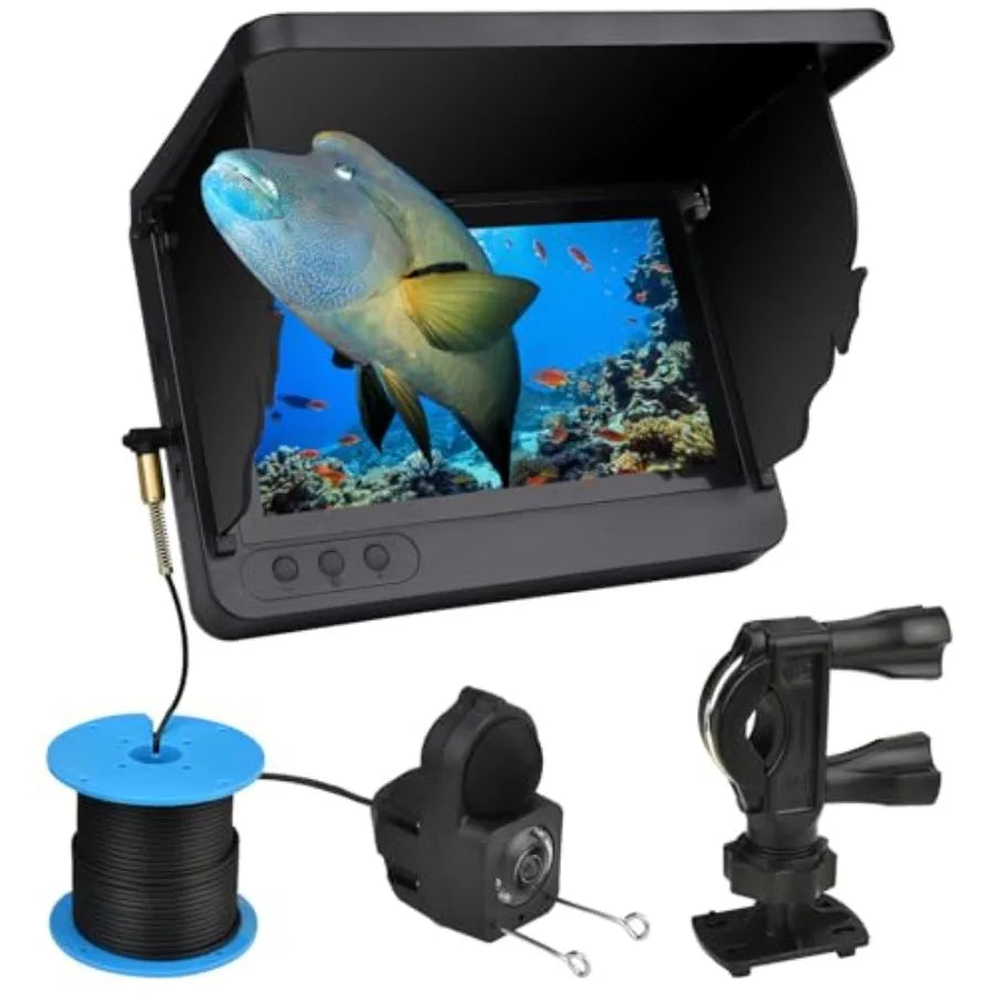 Ice fishing, lake, and offshore angling underwater fish finder camera with ultra-wide lens, black housing, enhanced low-light v