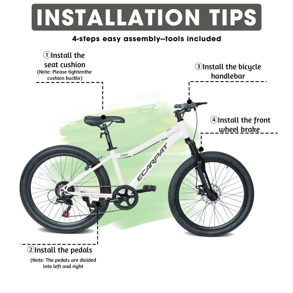 24 Inch Youth Mountain Bike with 7 Speeds & Front Suspension Durable Steel Frame, Alloy Rims & Disc Brakes For Boys and Girls in Multiple Colors