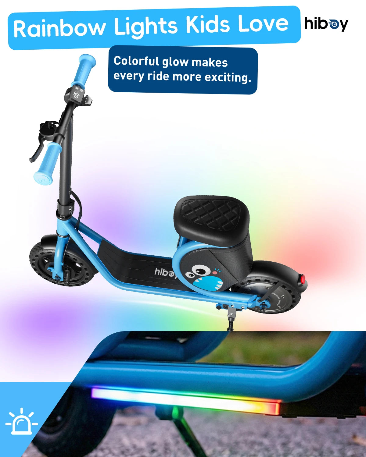 Hiboy Joyhaul Electric Scooter for Kids 4-10 Years, 100W Brushless Motor, 5 Miles Range 56Wh Battery, LED Neon Lights & Under-Seat Storage, Front Drum Brake Safety, Lightweight Foldable for Boys Girls