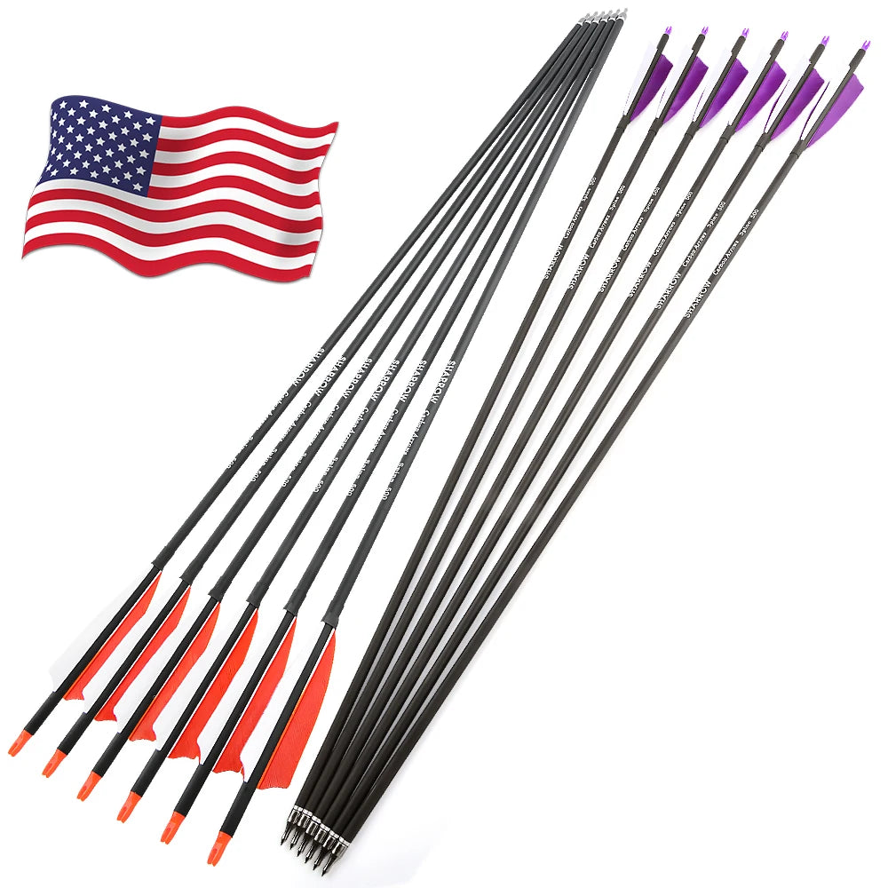 Spine500 Archery Mixed Carbon Arrows ID6.2mm OD7.8mm Shaft 100 Gr Arrowheads 4"Turkey Feather Archery Bow Hunting Shooting 12pcs