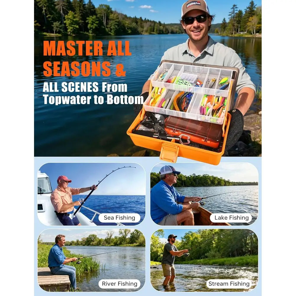 Premium 3-Tier Fishing Tackle Box with 417 Pieces Lure Kit, Essential Bass Fishing Gear Set, Ideal Gift for Anglers