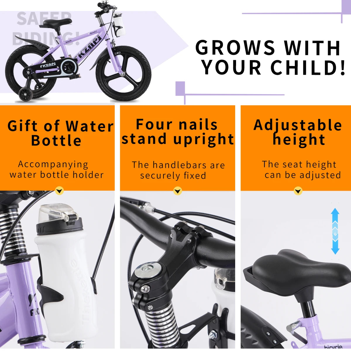 FKZNPJ Kids Bike 16 Inch – High Carbon Steel Frame, Magnesium Alloy Wheels, Training Wheels with Night Glow, Adjustable Seat, Water Bottle – Girls & Boys Bicycle Ages 3-9, Toddler Bike