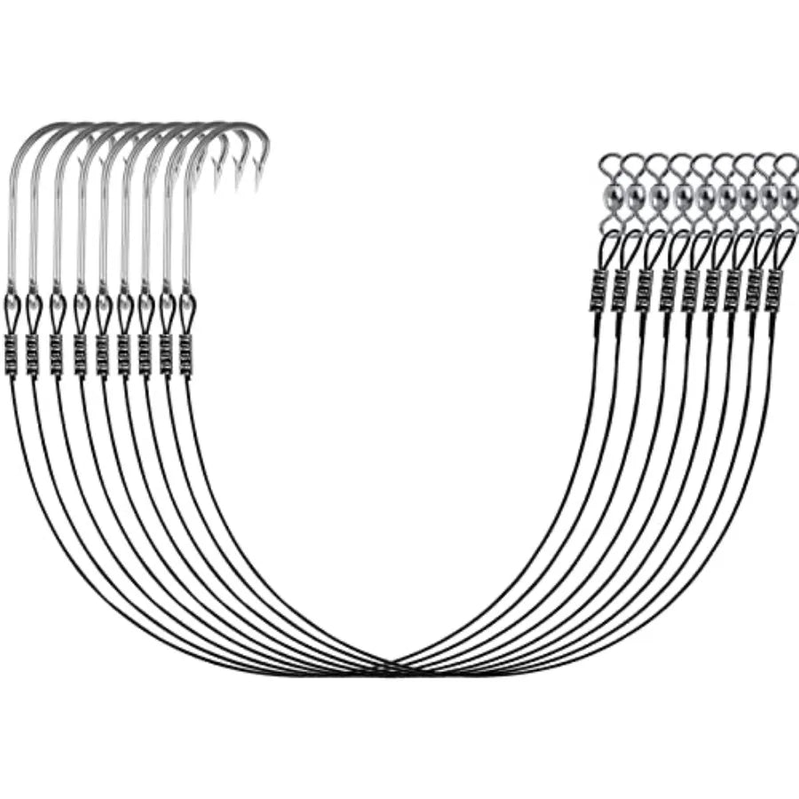 Saltwater fishing hook rigs for surf fishing, steel leaders with long shank O'Shaughnessy forged hooks, black leader wire