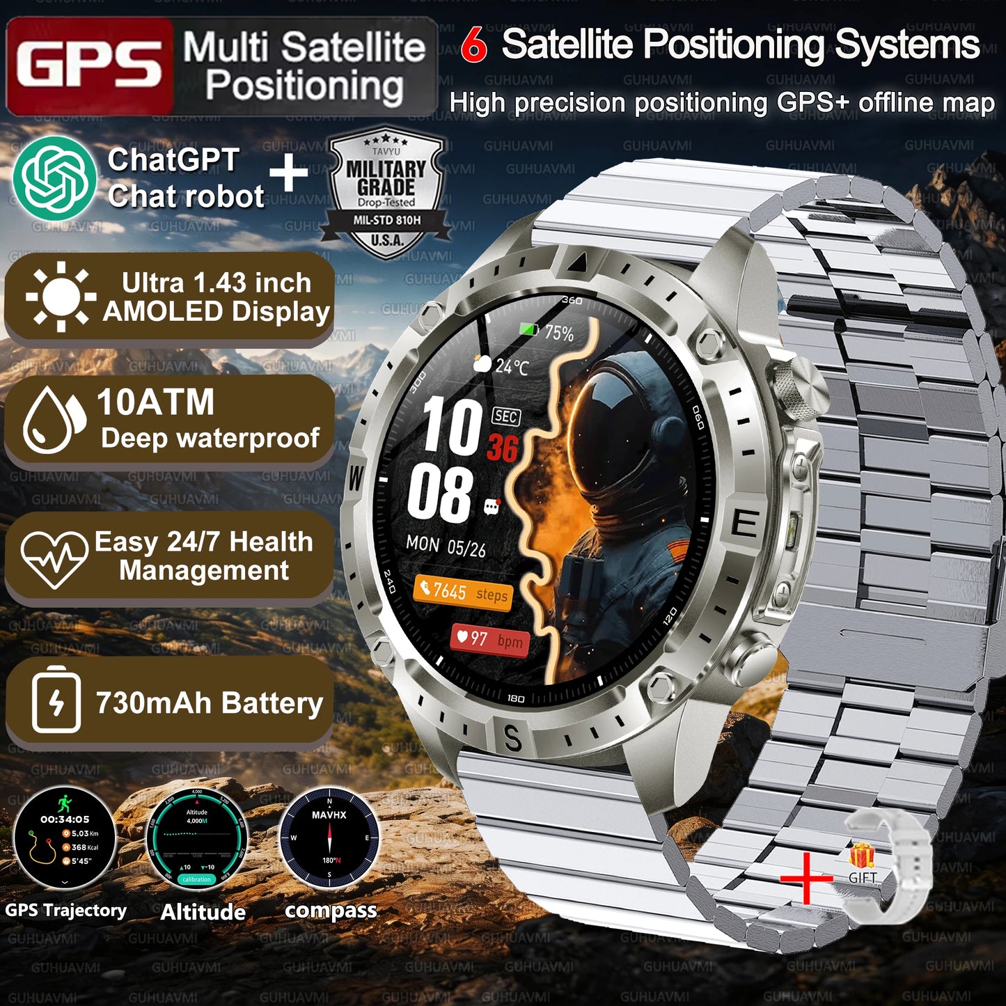 2026New Military Tank GPS SmartWatch Offline Map 10ATM Swim 2GB RAM Music Altitude Compass Bt Call Fitness Sports Smartwatch Men