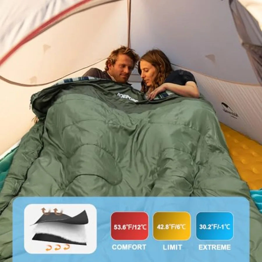 Double Sleeping Bag Flannel for Adults with 2 Pillows 2 Person Sleeping Bags Camping XXL Queen Size Two Person Sleeping Bag for