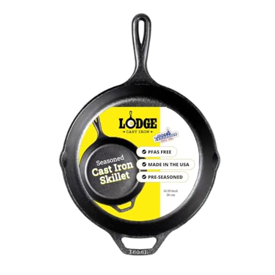 Seasoned Cast Iron Skillet 10.25 Inches for camping-cooking-utensils, cast iron, black, PFAS-free non-toxic naturally non-stick