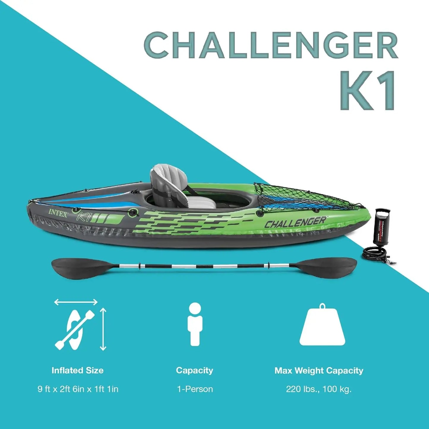 Challenger K1 1 Person Durable Vinyl Streamline Sporty Kayak with Inflatable Seat and Backrest, Oar, Pump, Carrying, Custom