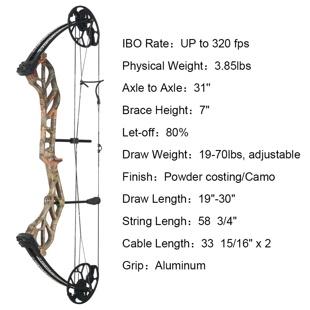 19-70LBS Compound Bow Set with Accessories Archery Adjustable Draw Length IBO 320 FPS for Outdoor Hunting Target Shooting