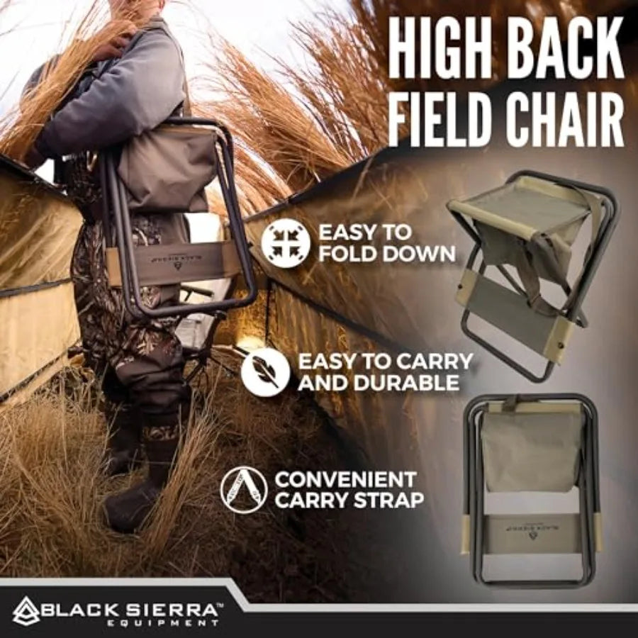 Black Sierra Folding Hunting Stool w/Under Seat Storage Pouch and Carry Strap, Lightweight Portable Hunt Chair w/Backrest, Heav