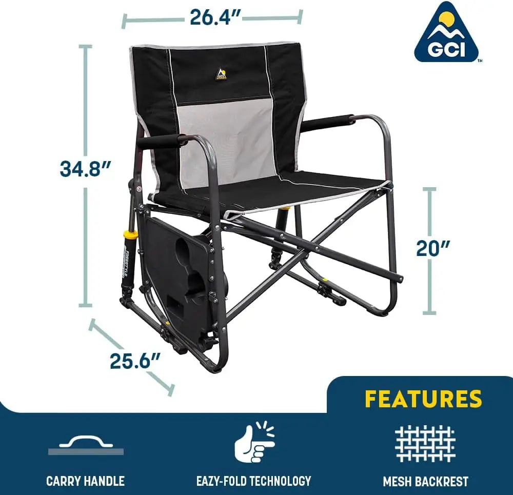 OUTDOOR Freestyle Rocker XL with Side Table Camping Chair | Portable Folding Rocking Chair with Solid, Durable Armrests, Drink Holder & Comfortable Backrest — Red