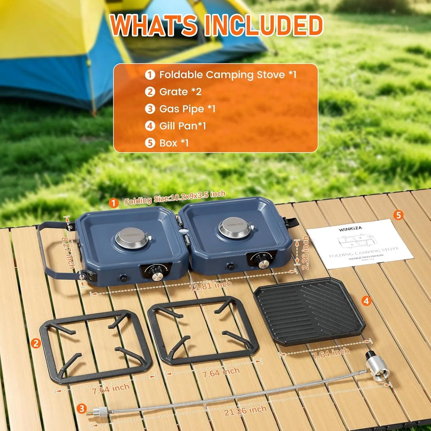 Portable 2 Burner Propane Camping Stove with Griddle, 24000BTU, Folding, Stainless Steel