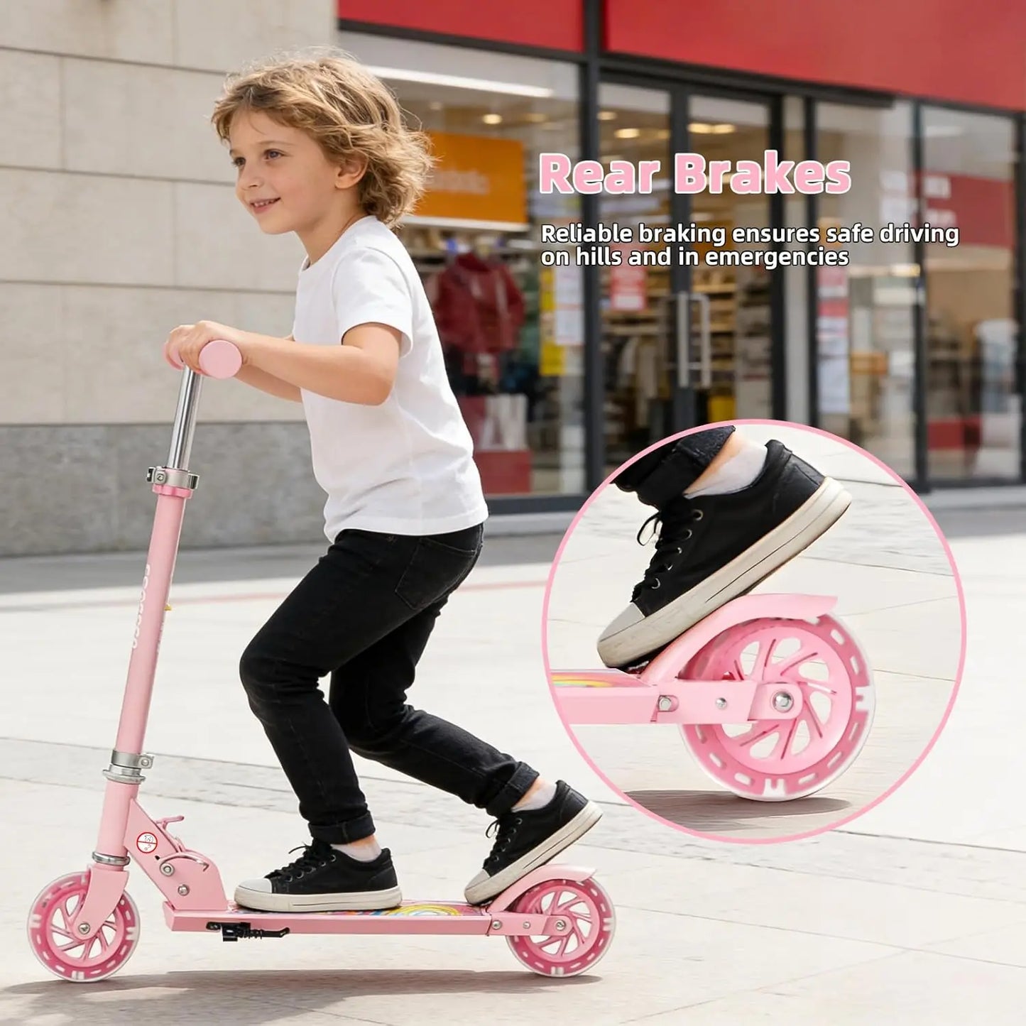 Lightweight Foldable Kick Scooter for Boys Girls Ages 3-8, Two Wheel Scooter Equipped with 3-Level Adjustable Handlebar, Rear Brake & Light-Up ABEC-10 Wheels, Suitable for Kids and Teens Outdoor Sports