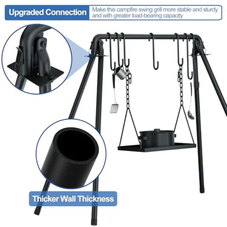 Outdoor Picnic Camping Cookware Hanging Rack with Cast Iron BBQ Grill Cooking Stand 8 Hooks Storage Bag Collapsible Bonfire Bar
