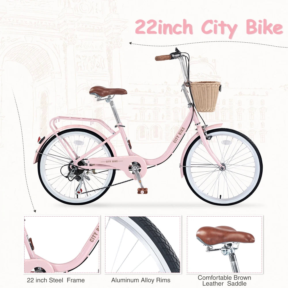 7 Speed City  Bike With  Basket , Steel Frame,Multiple Colors 22 Inch Girls Bicycle