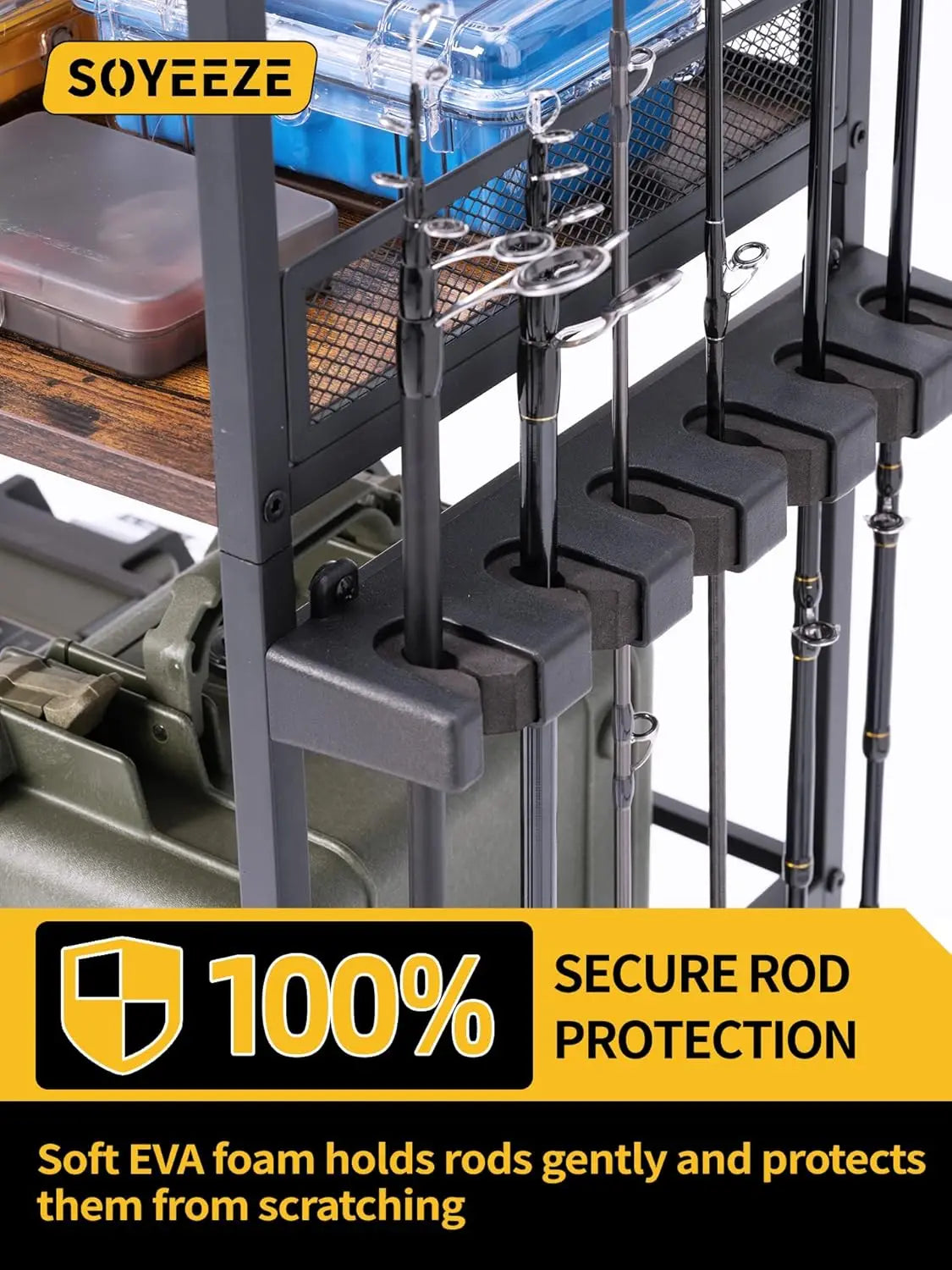 Rolling Fishing Rod Rack with Pegboard & Hooks, Holds Up to 12 Poles, Garage Storage Cart with Wheels for Tackle & Reel Organization
