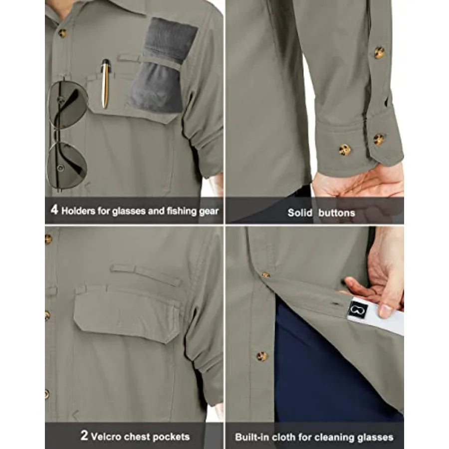 33000Feet Men's Long Sleeve Sun Protection Shirt UPF 50+ UV Quick Dry Cooling Fishing Shirts for Travel Safari Camping Hiking