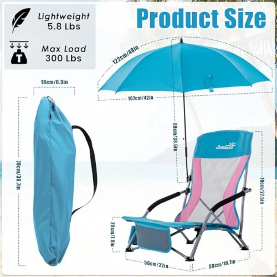Folding Beach Chair with Umbrella for Adults, 2 Pack Portable Low Beach Chairs, 300lbs Capacity, Lightweight Foldable Camping C