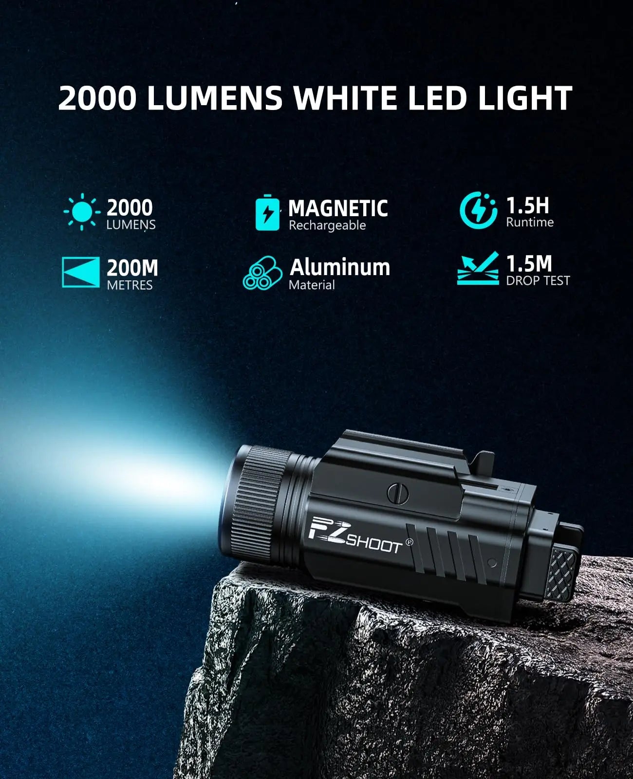 2000 Lumen Pistol Light with Quick Release, Magnetic Rechargeable Pistol Flashlight with Adjustable Slide Rail, Picatinny Flashlight with Strobe Mode for Home Defense, Hunting
