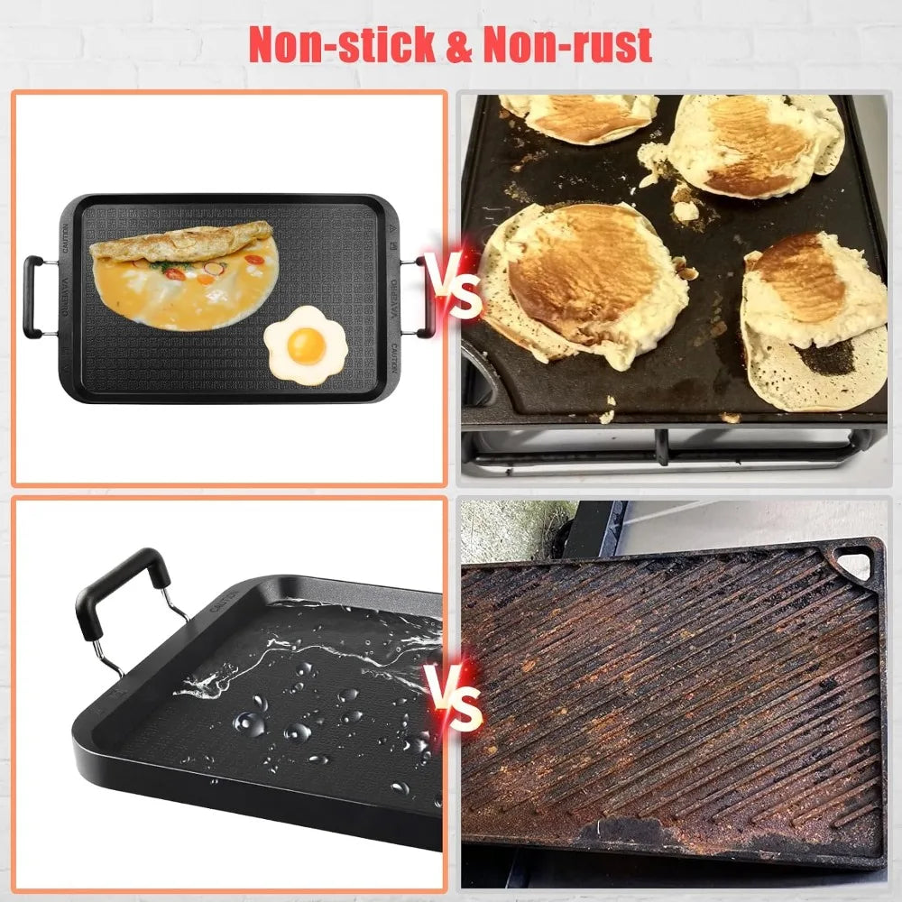 2 Burner Griddle Pan with Glass Lid, Non-Stick Aluminum, for Gas & Electric Stoves, Camping & Home