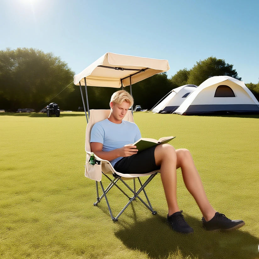 2PC Fold Lightweight Oversized For All YOUNG WOOD Portable Camping Chair Beach Chair With Shade Canopy, Easy To Open And Close
