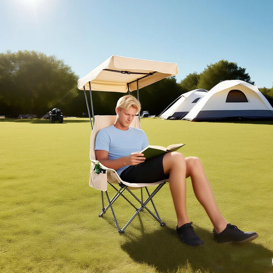 2PC Fold Lightweight Oversized For All YOUNG WOOD Portable Camping Chair Beach Chair With Shade Canopy, Easy To Open And Close
