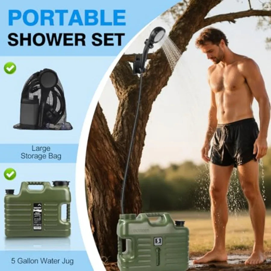 Portable Camping Shower with 5 Gallon Water Jug 6000mAh Rechargeable Outdoor Camping Shower Kit IPX7 Waterproof Pump BPA Free W
