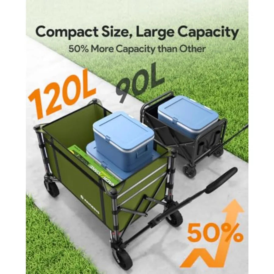 Foldable utility wagon for beach, garden, camping, sports; steel frame, black; 220 lbs capacity, 120L volume, collapsible with