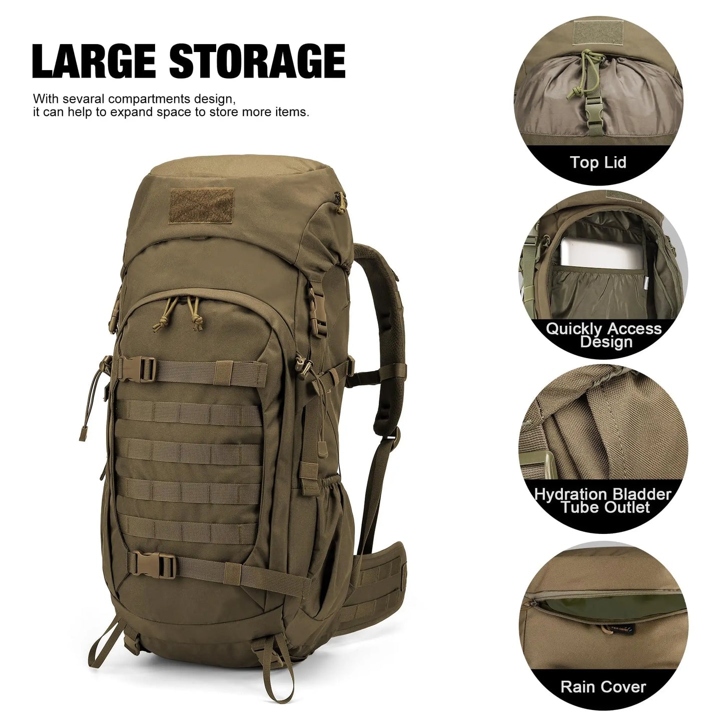 50L Hiking Backpack With Rain Cover For Backpacking Camping Survival