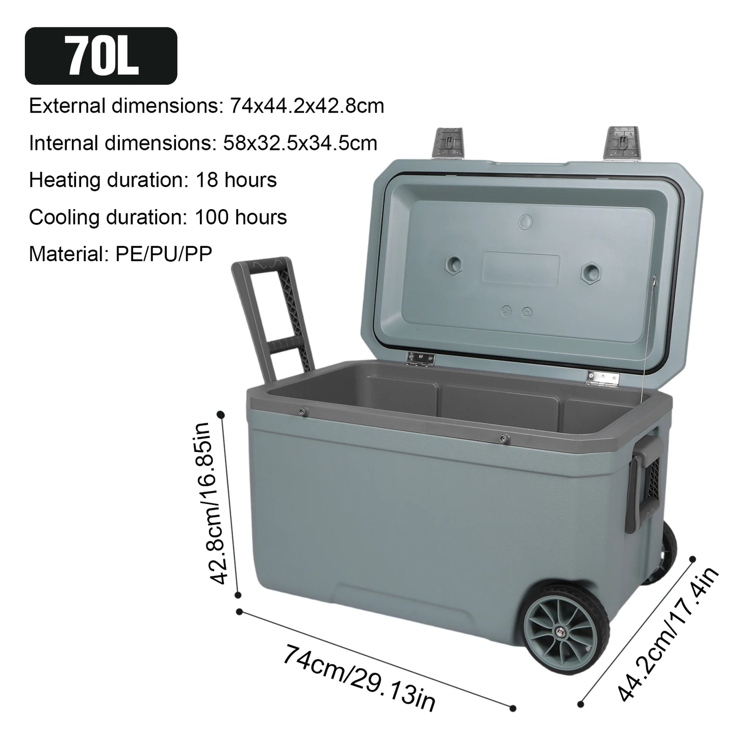70L Camping Cooler Hard Shell Portable Car Wheel Insulator Plastic Cooler Box Ultra-Light with Handle for Beach Beverage Camping