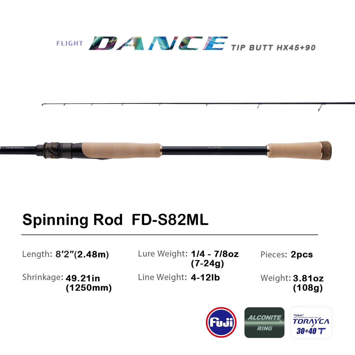 PURELURE Flight Dance Spinning Rod & Baitcaster Rod 30T+40T Carbon Fiber Fishing Rods 2 Piece Fuji Alconite/Fazlite Guides Fuji Reel Seat ML/M/MH/H Power Shore Fishing for Bass