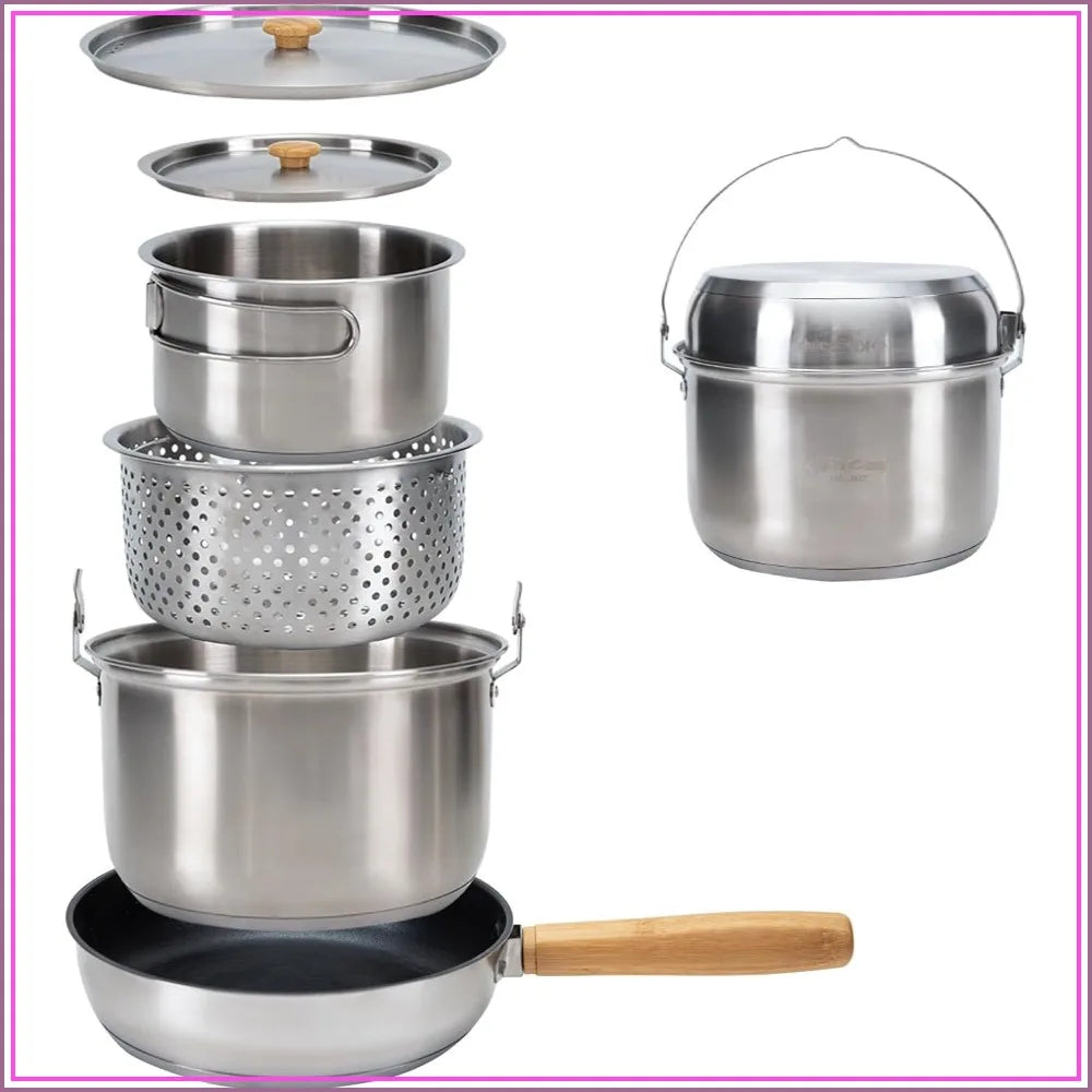 304 Stainless Steel Camping Cookware Set for 4-6, Pots Pan and Kettle with Travel Tote Bag for Outdoor Kitchen Picnic
