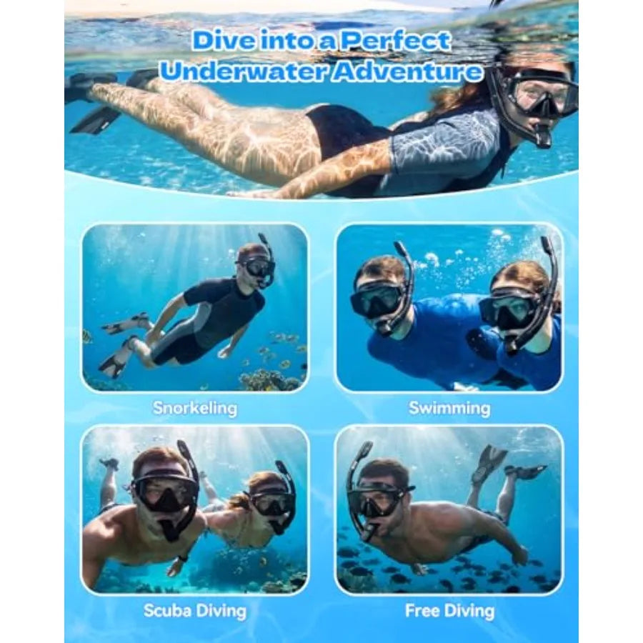 Snorkeling Gear for Adults Men Women: Anti-Fog Panoramic Mask Set, Adjustable Fins and Dry Top Snorkel All-in-One Travel Snorke