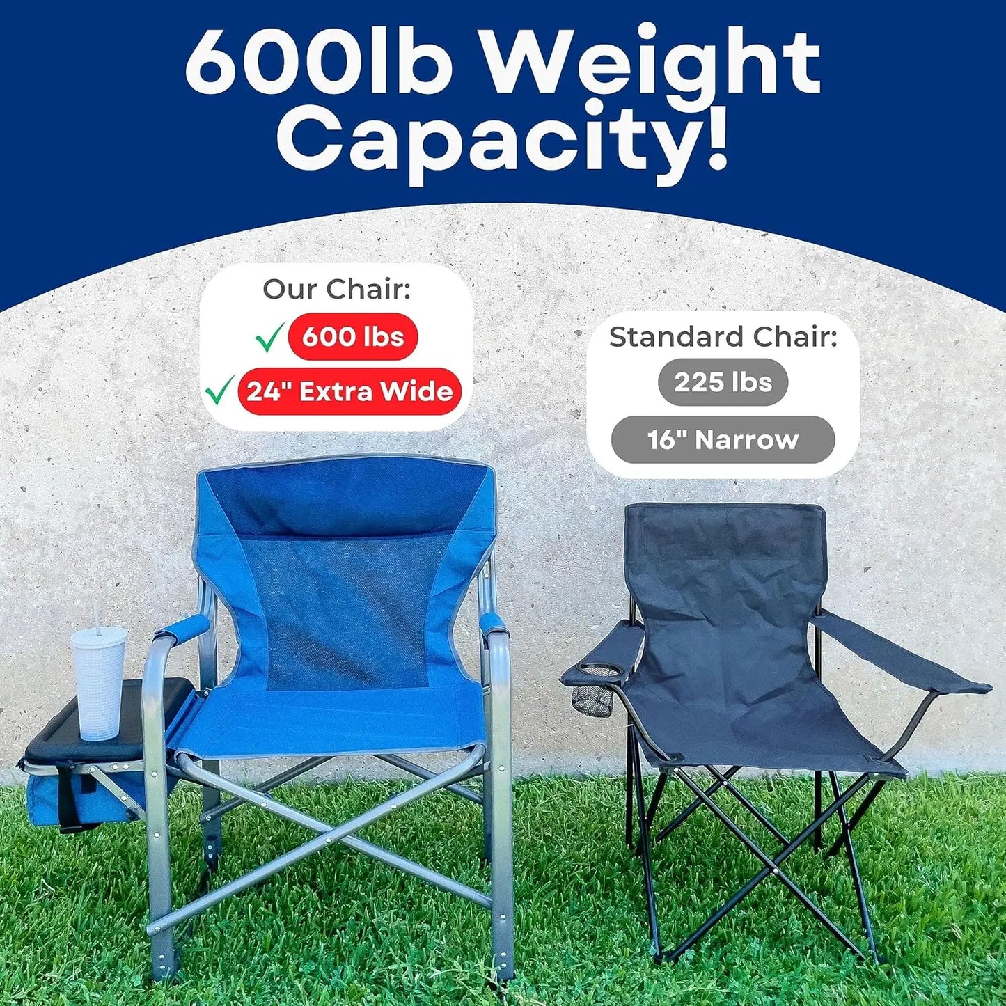 Extra Wide Folding Director Chair - Supports 600lbs, Heavy Duty for Camping, Patio, Sports - Portable with Side Table & Bag