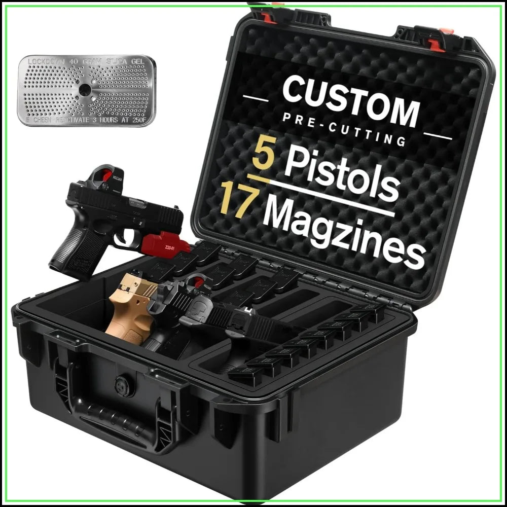 Multi Pistol Gun Case - Hard Shell, Waterproof, TSA Approved, Pre-cut Foam for Multiple Handguns & Magazines