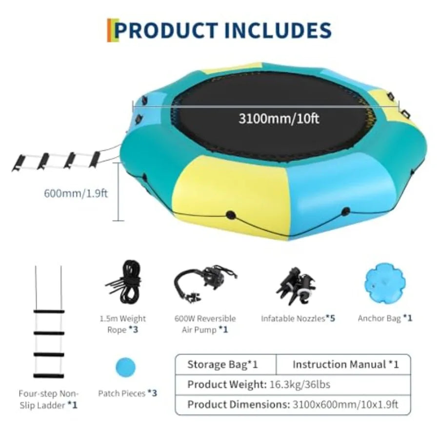Inflatable Water Trampoline For Lakes And Pools, PVC Material, Blue And Yellow, Heavy-Duty Bounce Platform With Electric Inflat