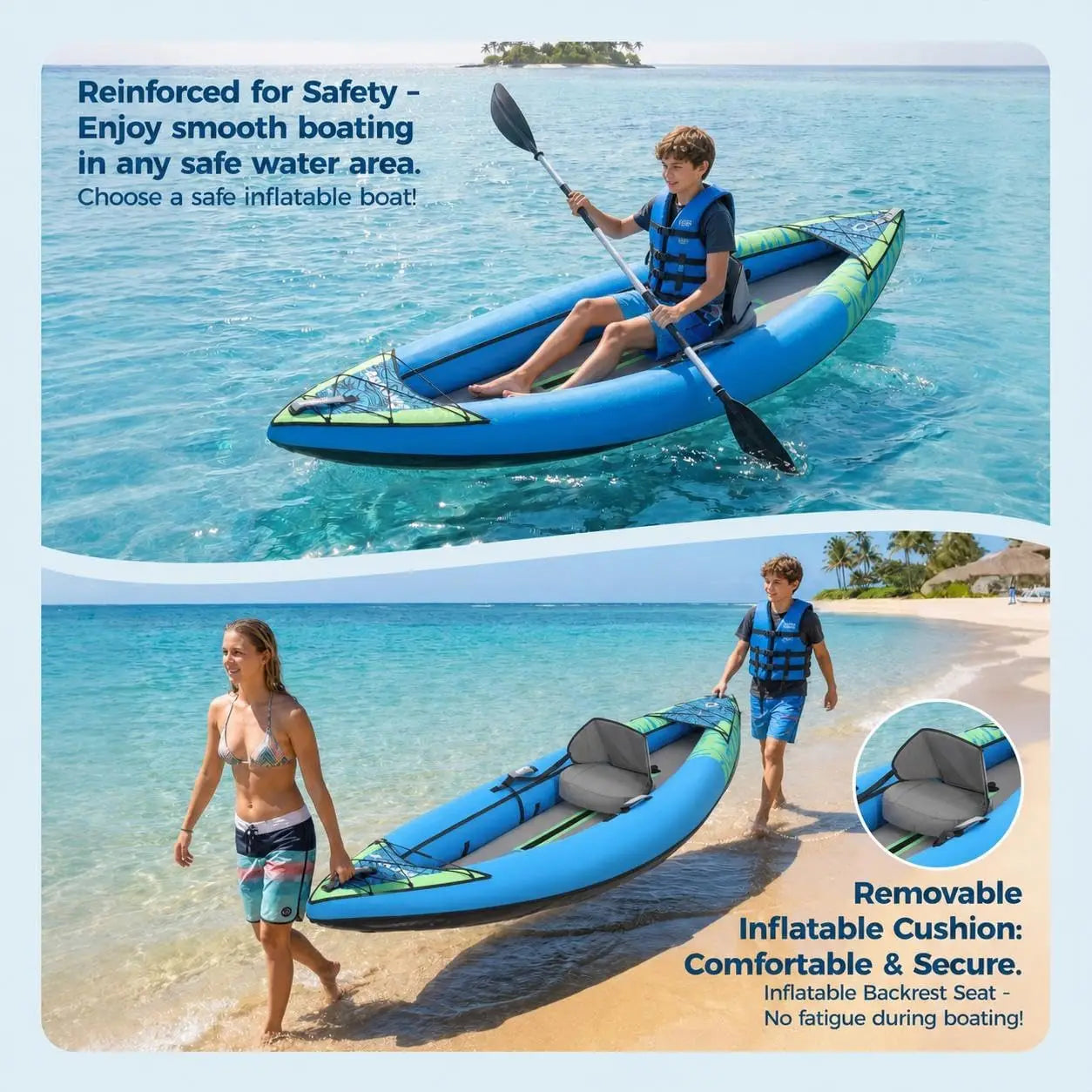 Inflatable Tandem Kayak, Heavy Duty PVC, Adjustable Seats & Backrest, Aluminum Paddles & High-Output Pump, Custom