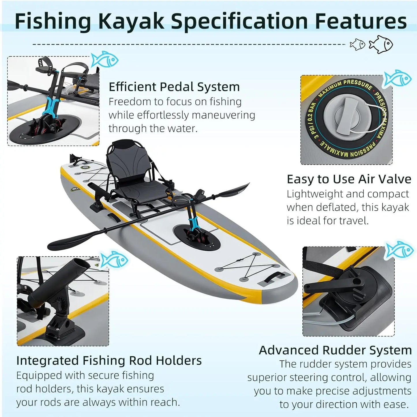 Inflatable Kayak with Pedal System, 12ft Premium PVC Fishing Kayak, Portable & Lightweight with Rudder System, Aluminum, Custom