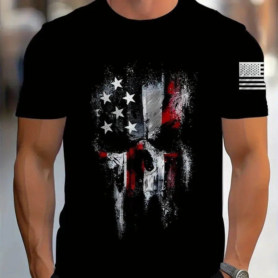 【New Arrival】American Flag Skull T-Shirt Patriotic USA Flag Graphic Tee Casual Unisex Short Sleeve Tops for Men