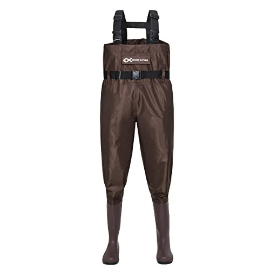 Duck and Fish Brown Chest Wader Cleated Boot Feet with Waist Belt for wetland fishing, neoprene material, brown color, reinforc