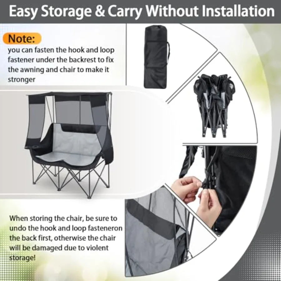 Double Camping Chair with Canopy Shade 660lbs Heavy Duty Beach Chair Portable Folding 2 Person Camping Loveseat with Cup Holder