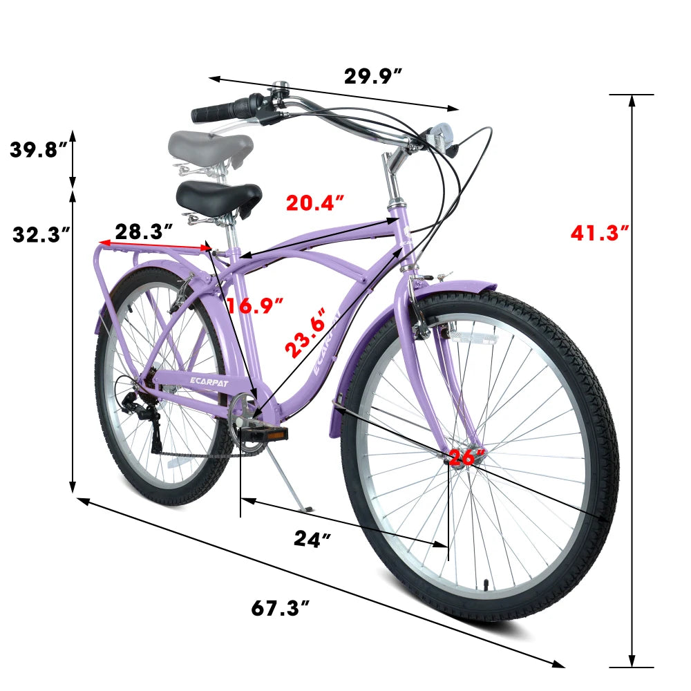 26 Inch 7-Speed Beach Cruiser Bike for Men & Women, High-Tensile Steel Frame, Lightweight Alloy Wheels, Front & Rear V-Brakes, Multiple Colors, Leisure & City Commuting Bicycle