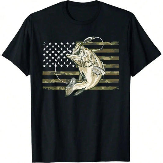 Men's Funny T-Shirt Graphic T-Shirt For Men Fishing Camouflage US American Flag Bass Fish Fisherman Camo T-Shirt Soft Fabric