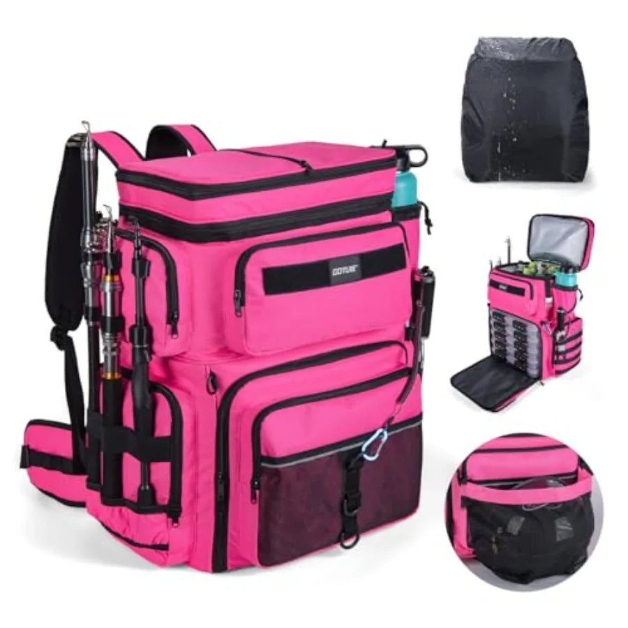 Fishing Backpack with Cooler, 66L 600D Tackle Backpack with 3 Rod Holders, Helmet Holder, Rain Cover, Saltwater Large Fishing B