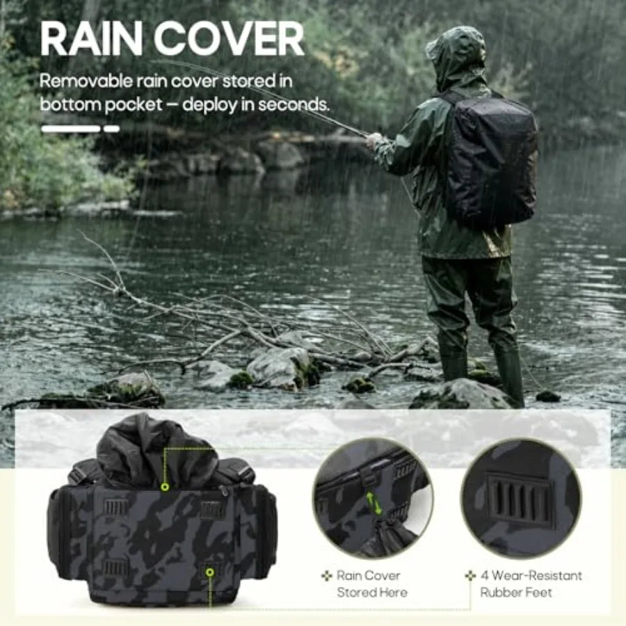 Fishing Backpack, 45L Large Fishing Bag with 4 Rod Holders and Insulated Cooler Professional Fishing Tackle Backpack with Rain