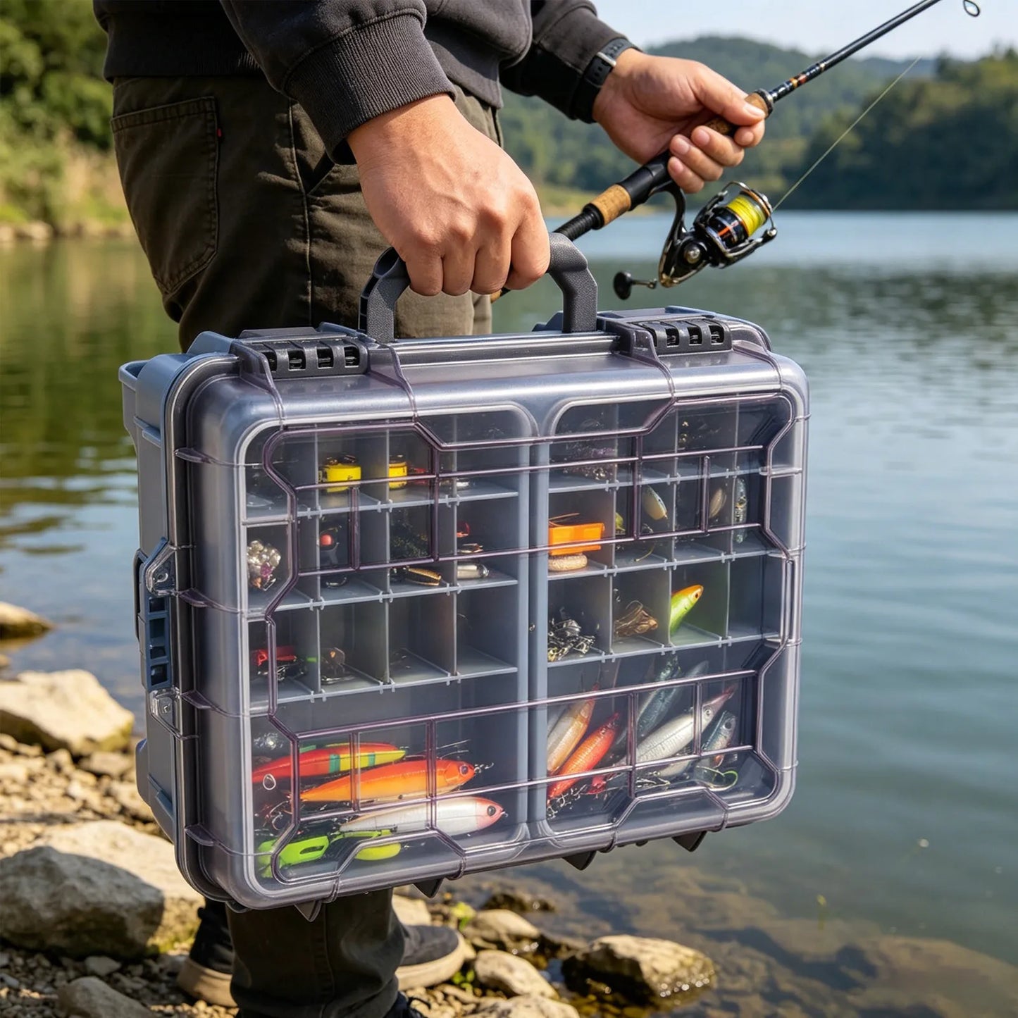 Blue Fishing Tackle Storage Box, Fishing Tackle Box, Fishing Tackle Box with Small Removable Tackle Tray, Suitable for Fishing, Camping, 36.5*29*17.5cm/ 14.37*11.42*6.89in