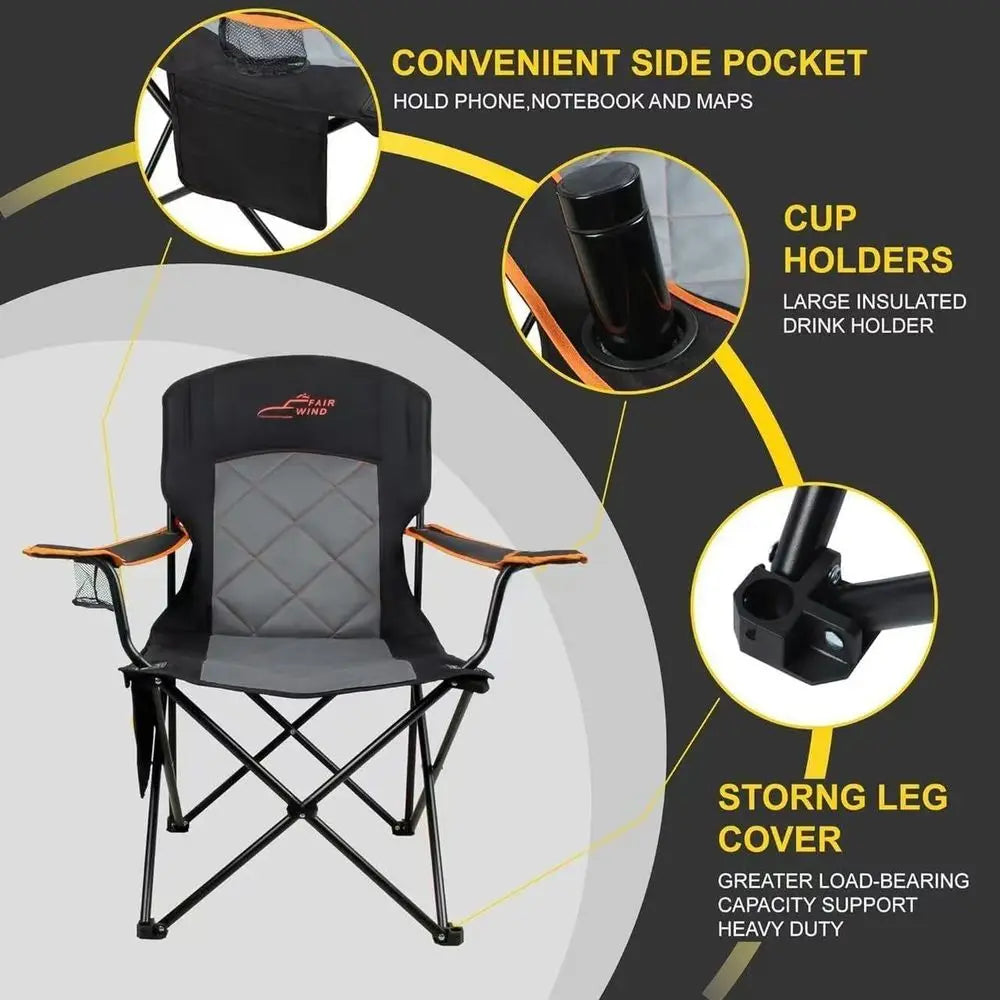 Double Pack Heavy-Duty Oversized Padded Quad Chairs with Side Pocket & Cup Holder, Suitable for Lawn, Beach, Outdoor Sports