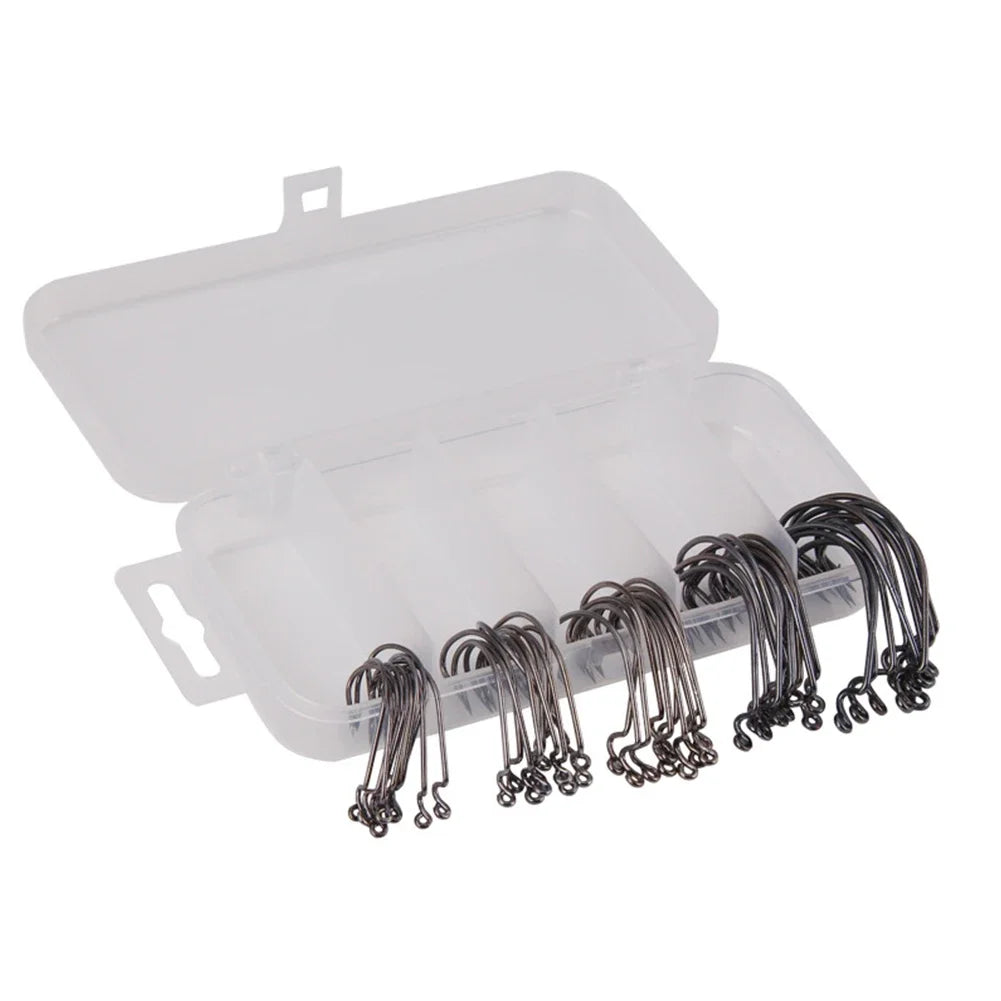 50 Pcs/Box Wide  Offset Fishhook High Carbon Steel Wide Worm Hook Bass Barbed Carp Fishing Hook for Soft Worm Jig Mold Hooks