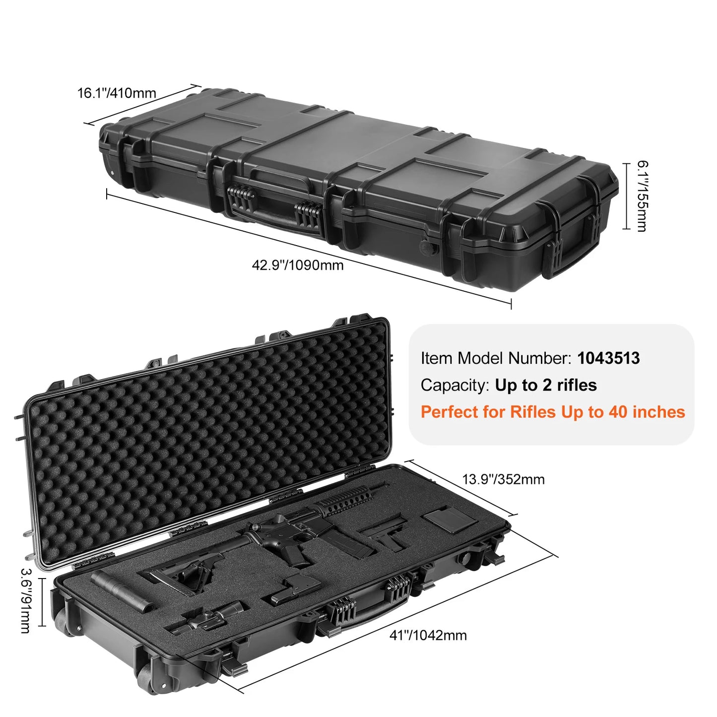 Rifle Hard Case Portable Long Gun Storage Suitcase with 2 Casters Shockproof & Waterproof Airsoft Rifle Protective Case